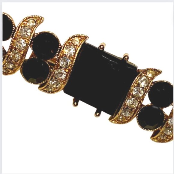 Vintage Rhinestone Black Brooch, Sparkly Bar-Style Pin, 1980s - Picture 2 of 3